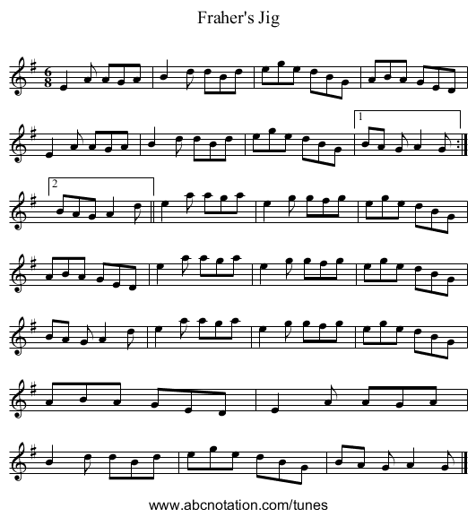 Fraher's Jig - staff notation