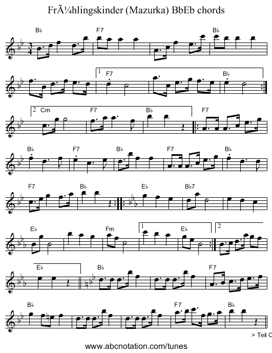 Frühlingskinder (Mazurka) BbEb chords - staff notation