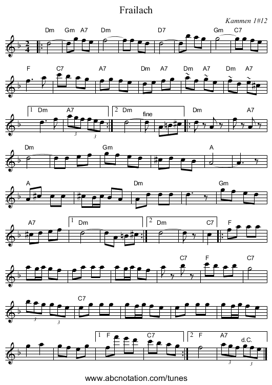 Frailach - staff notation