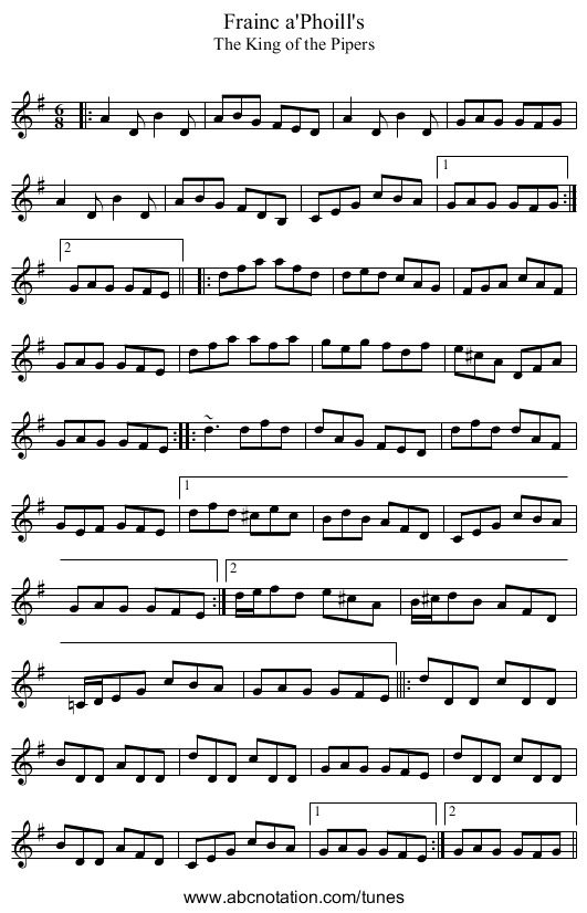 Frainc a'Phoill's - staff notation