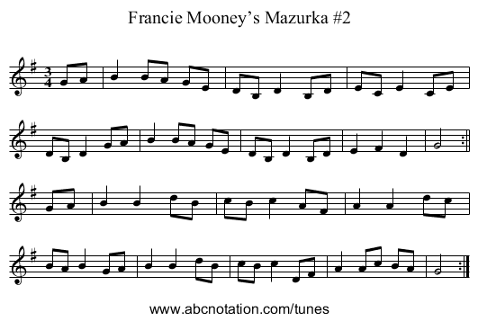 Francie Mooney’s Mazurka #2 - staff notation