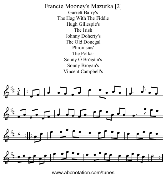 Francie Mooney's Mazurka [2] - staff notation