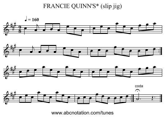 FRANCIE QUINN'S* (slip jig) - staff notation