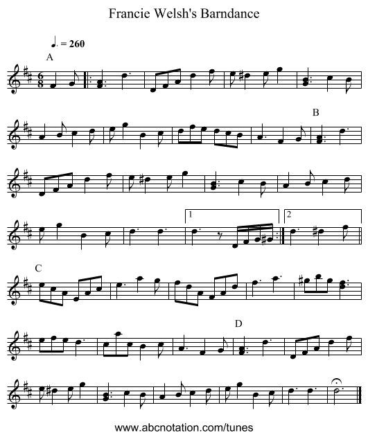 Francie Welsh's Barndance - staff notation