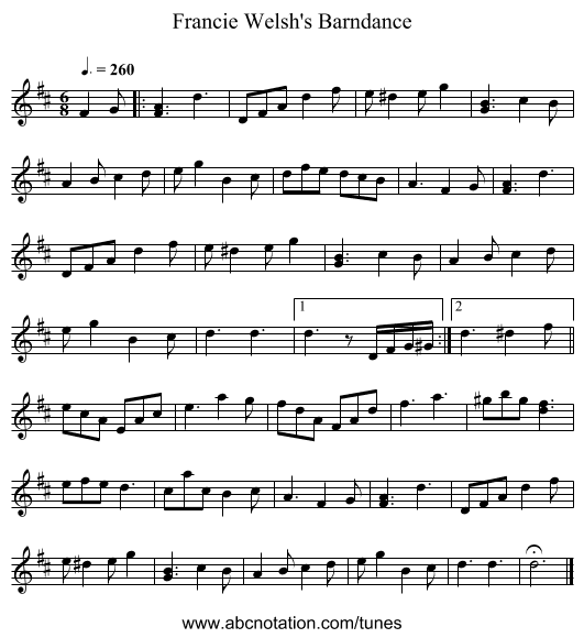 Francie Welsh's Barndance - staff notation