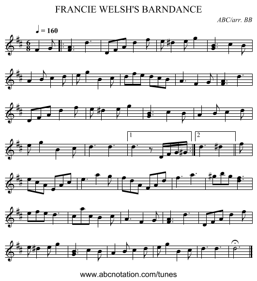 FRANCIE WELSH'S BARNDANCE - staff notation
