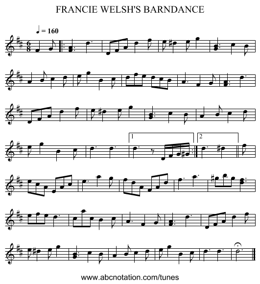 FRANCIE WELSH'S BARNDANCE - staff notation
