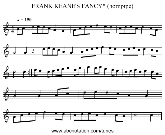 FRANK KEANE'S FANCY* (hornpipe) - staff notation