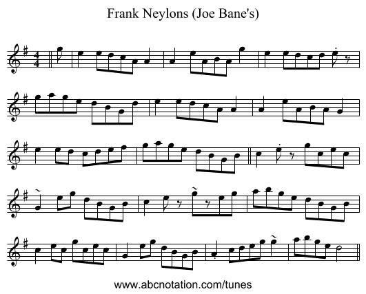 Frank Neylons (Joe Bane's) - staff notation