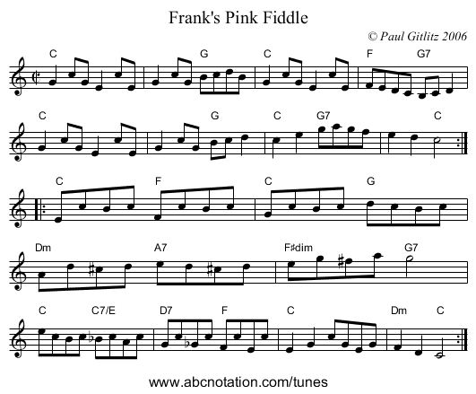 Frank's Pink Fiddle - staff notation