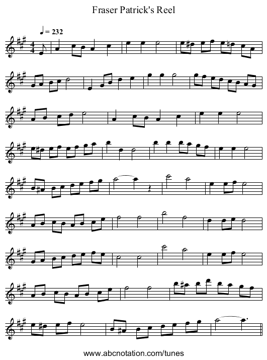 Fraser Patrick's Reel - staff notation