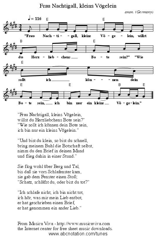 Frau Nachtigall, kleins V&ouml;gelein - staff notation