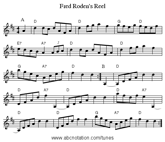 Fred Roden's Reel - staff notation