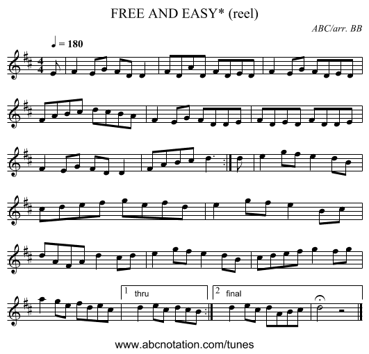 FREE AND EASY* (reel) - staff notation