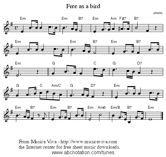 Free as a bird - staff notation
