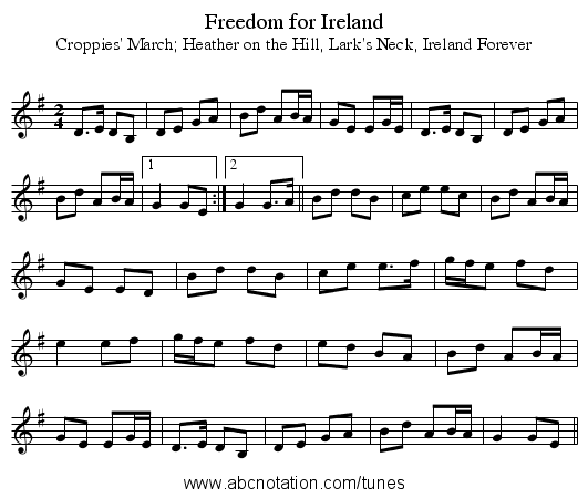 Freedom for Ireland - staff notation