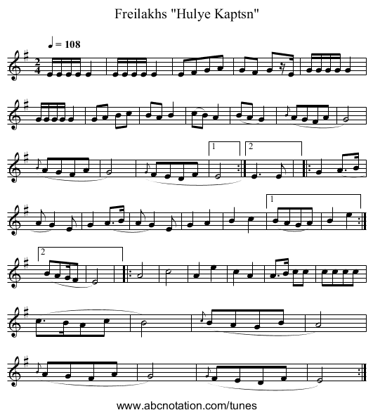 Freilakhs Hulye Kaptsn - staff notation