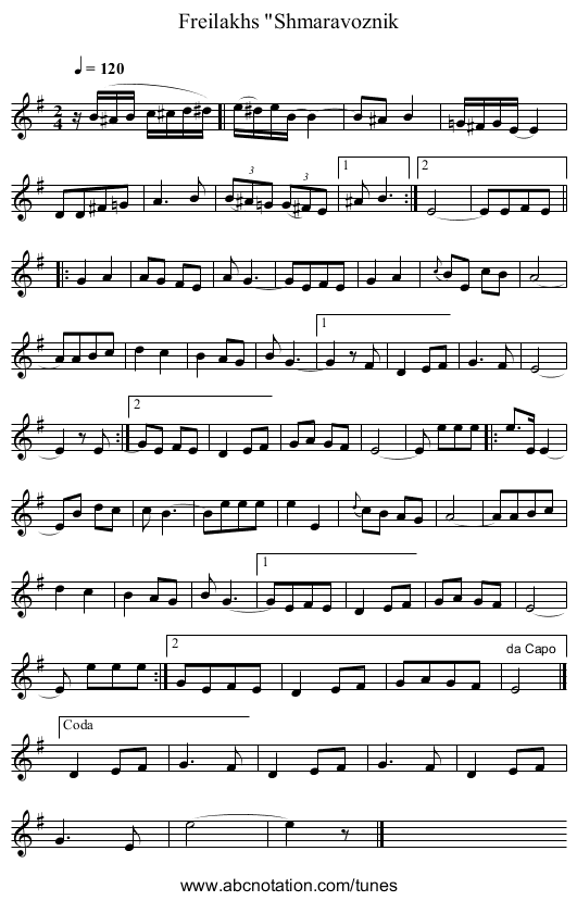 Freilakhs Shmaravoznik - staff notation