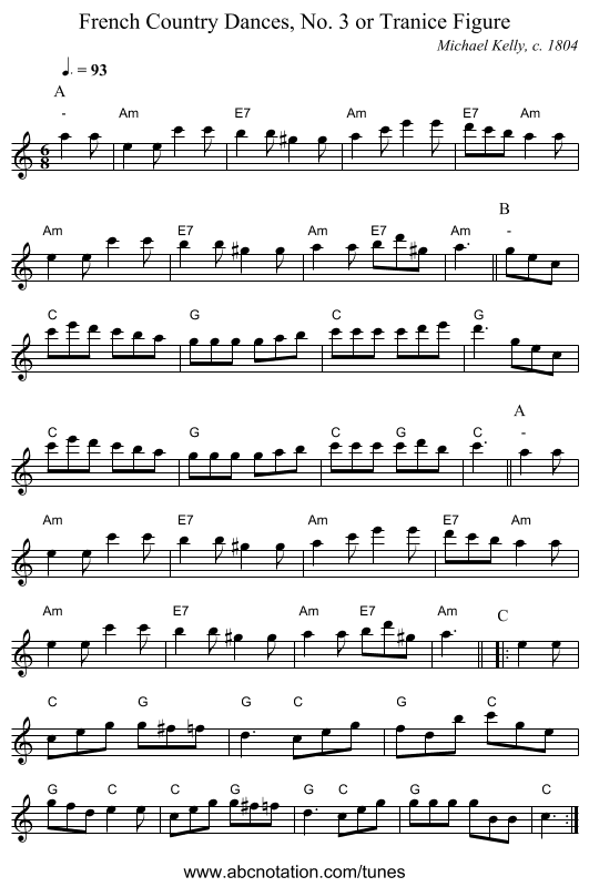 French Country Dances, No. 3 or Tranice Figure - staff notation