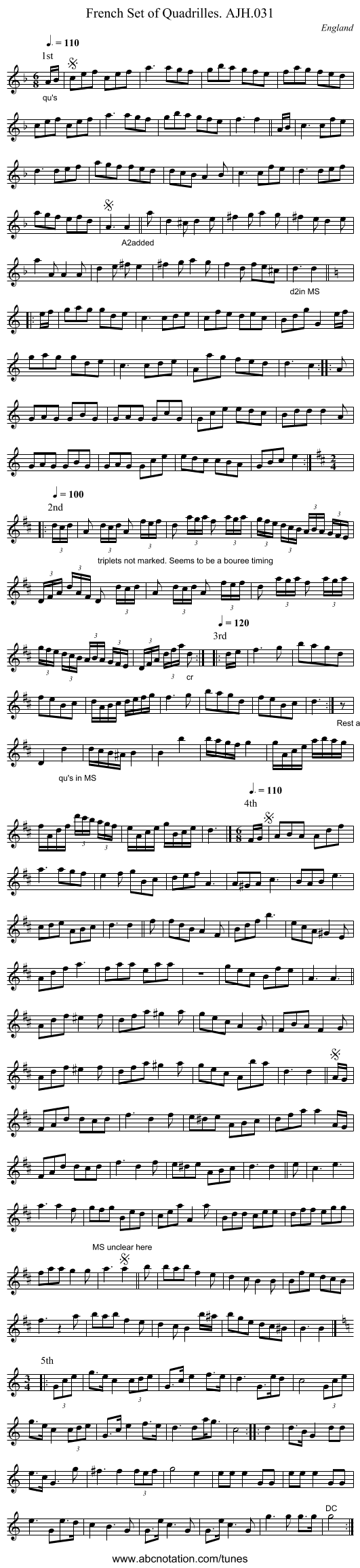 French Set of Quadrilles. AJH.031 - staff notation