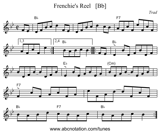 Frenchie's Reel   [Bb] - staff notation