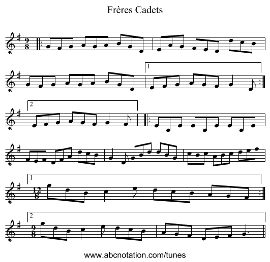 Frères Cadets - staff notation