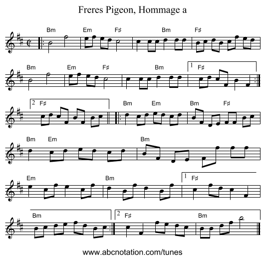 Freres Pigeon, Hommage a - staff notation