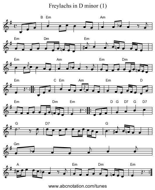 Freylachs in D minor (1) - staff notation