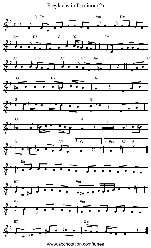 Freylachs in D minor (2) - staff notation