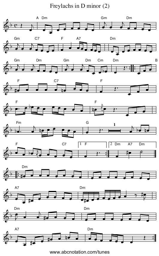 Freylachs in D minor (2) - staff notation