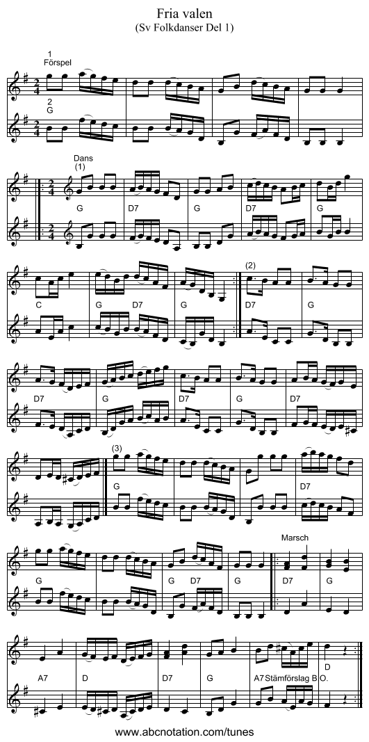 Fria valen - staff notation