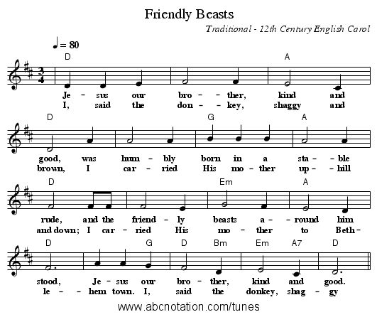 Friendly Beasts - staff notation