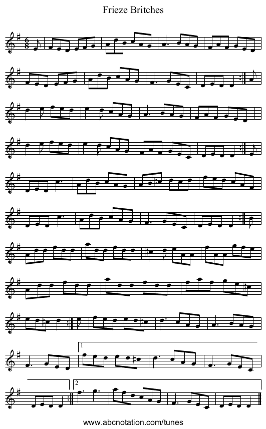 Frieze Britches - staff notation