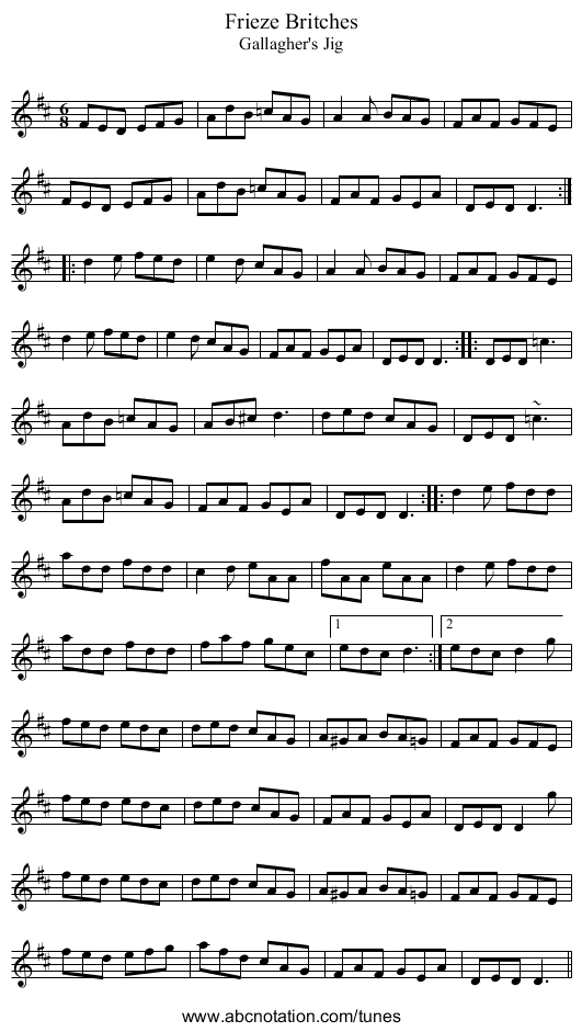 Frieze Britches - staff notation