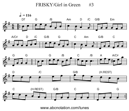 FRISKY/Girl in Green #3 - staff notation