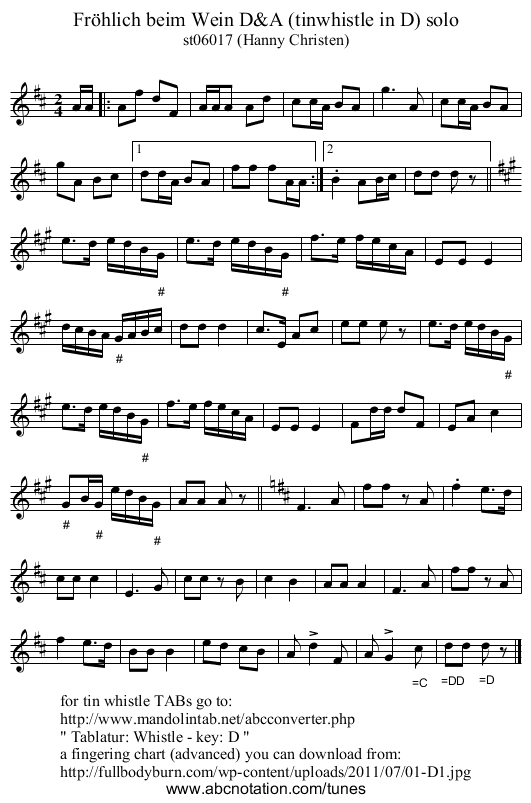 Fr&ouml;hlich beim Wein D&A (tinwhistle in D) solo - staff notation