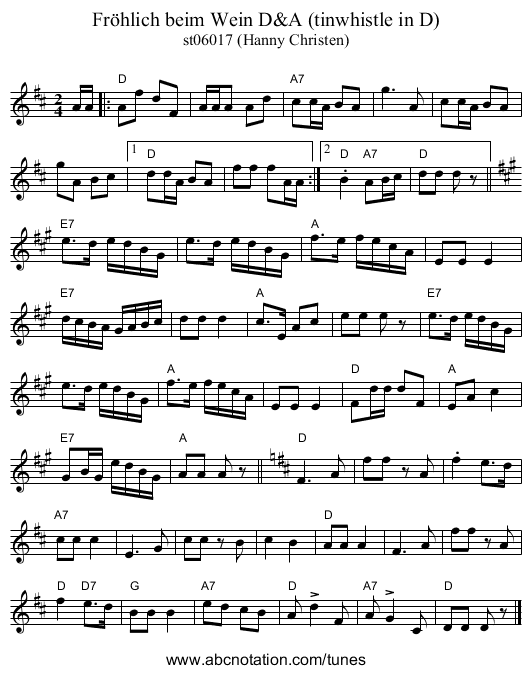 Fröhlich beim Wein D&A (tinwhistle in D) - staff notation