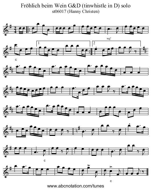 Fröhlich beim Wein G&D (tinwhistle in D) solo - staff notation