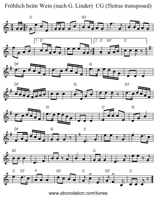 Fr&ouml;hlich beim Wein (nach G. Linder)  CG (5letras transposed) - staff notation