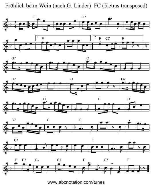 Fr&ouml;hlich beim Wein (nach G. Linder)  FC (5letras transposed) - staff notation