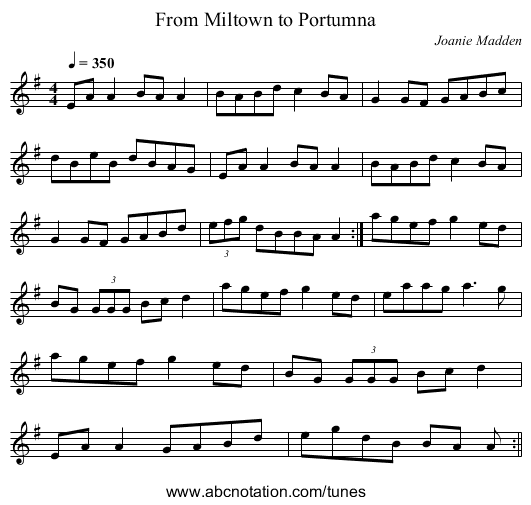 From Miltown to Portumna - staff notation