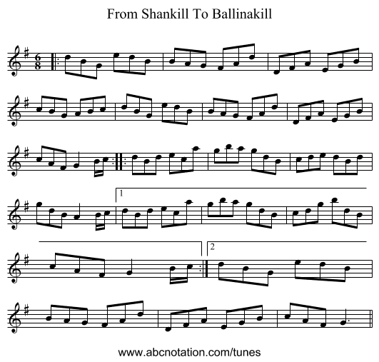 From Shankill To Ballinakill - staff notation