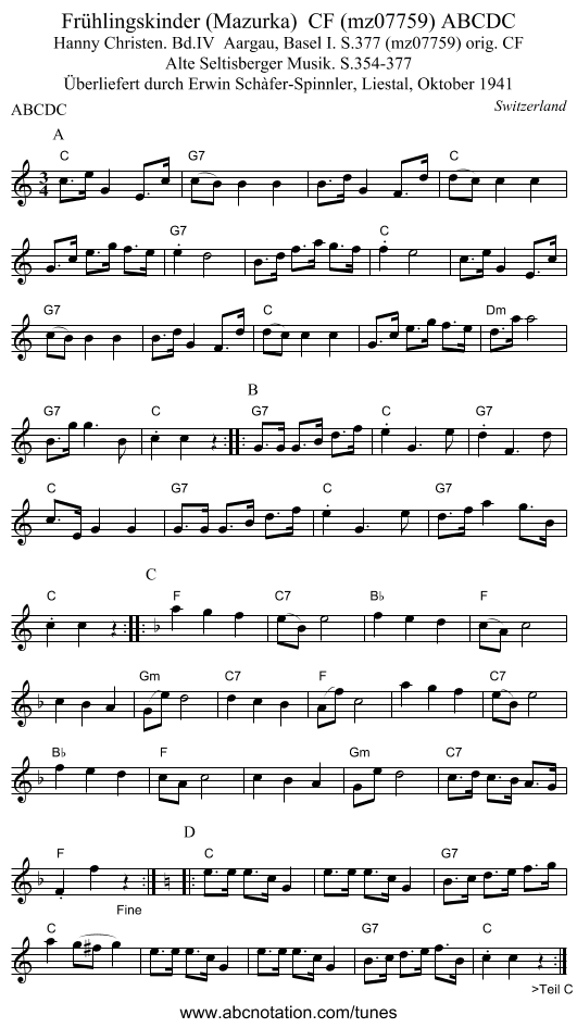 Frühlingskinder (Mazurka)  CF (mz07759) ABCDC - staff notation