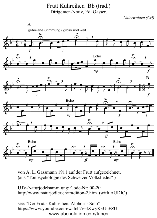Frutt Kuhreihen Bb (trad.) - staff notation
