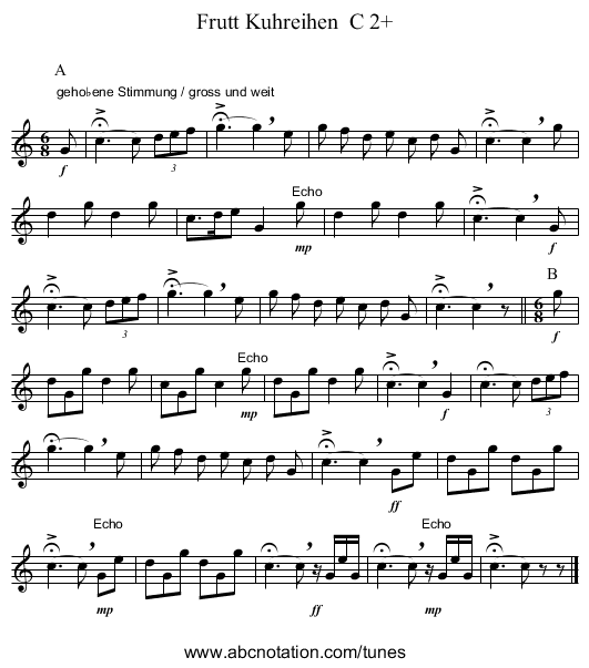 Frutt Kuhreihen  C 2+ - staff notation