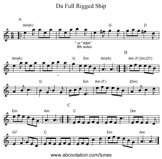 Full Rigged Ship, Da - staff notation
