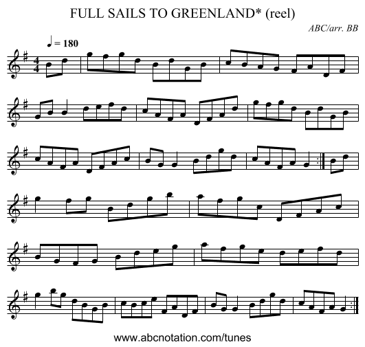 FULL SAILS TO GREENLAND* (reel) - staff notation