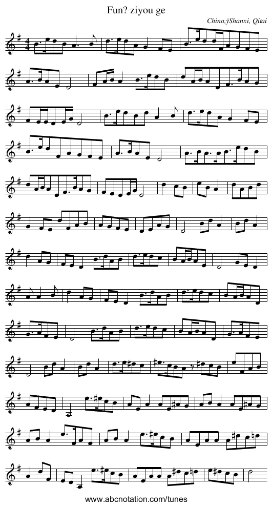 Fun? ziyou ge - staff notation