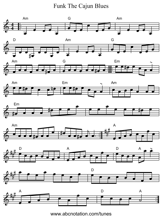 Funk The Cajun Blues - staff notation