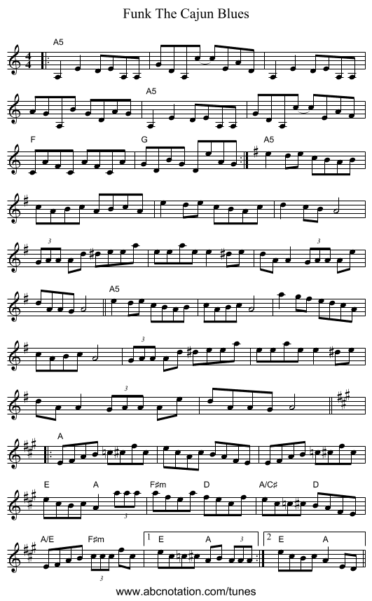 Funk The Cajun Blues - staff notation